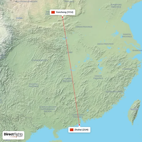 Zhuhai - Yuncheng direct flight map
