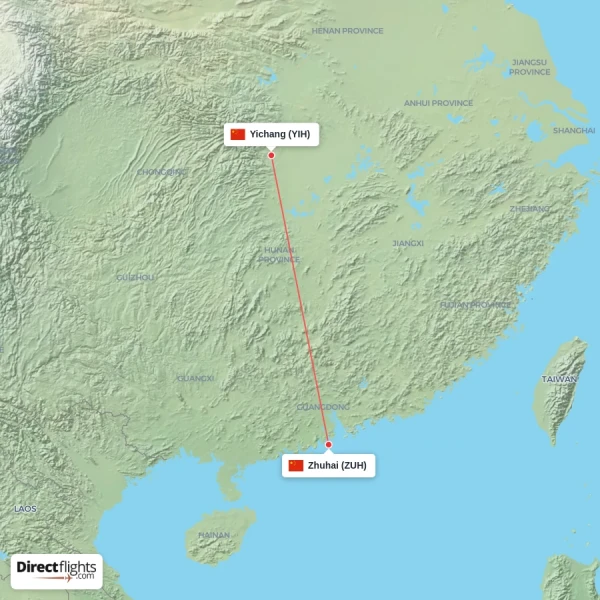 Zhuhai - Yichang direct flight map