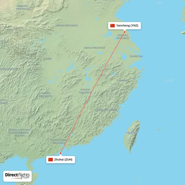 Zhuhai - Yancheng direct flight map
