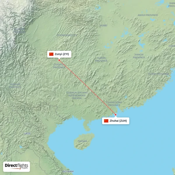 Zhuhai - Zunyi direct flight map