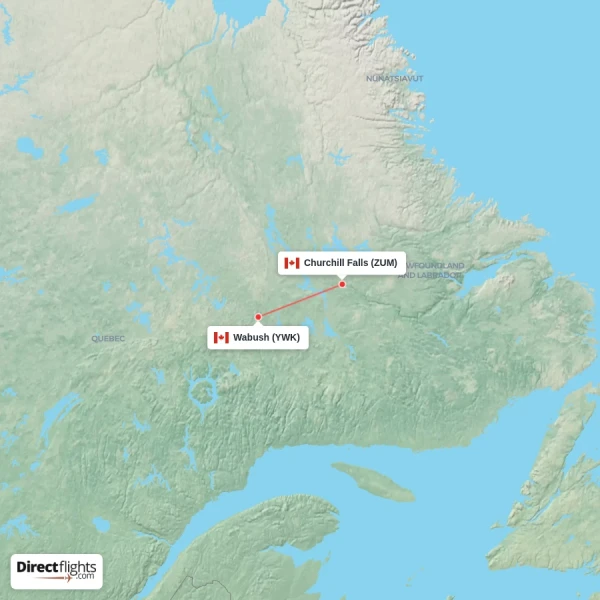 Churchill Falls - Wabush direct flight map