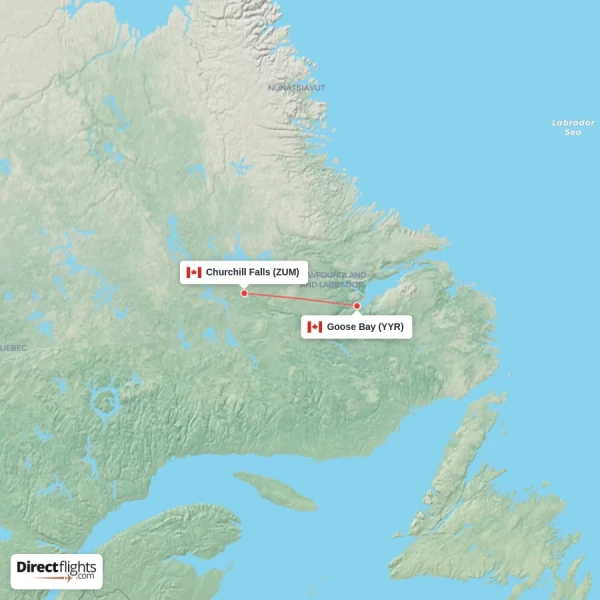 Churchill Falls - Goose Bay direct flight map
