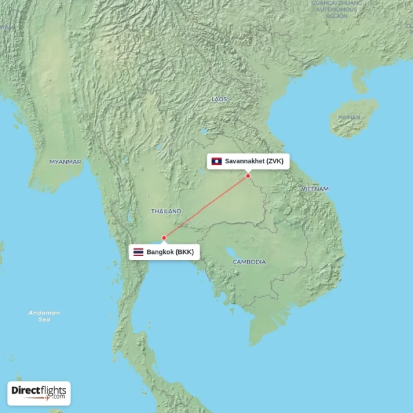 Savannakhet - Bangkok direct flight map