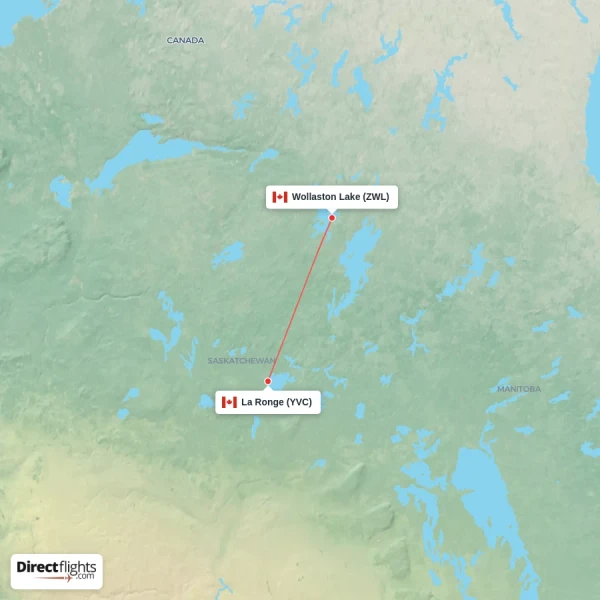 Wollaston Lake - La Ronge direct flight map