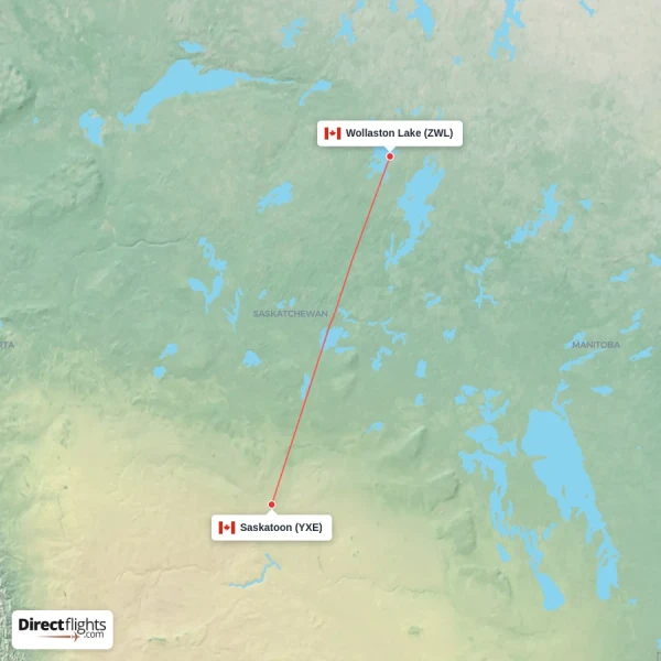 Wollaston Lake - Saskatoon direct flight map