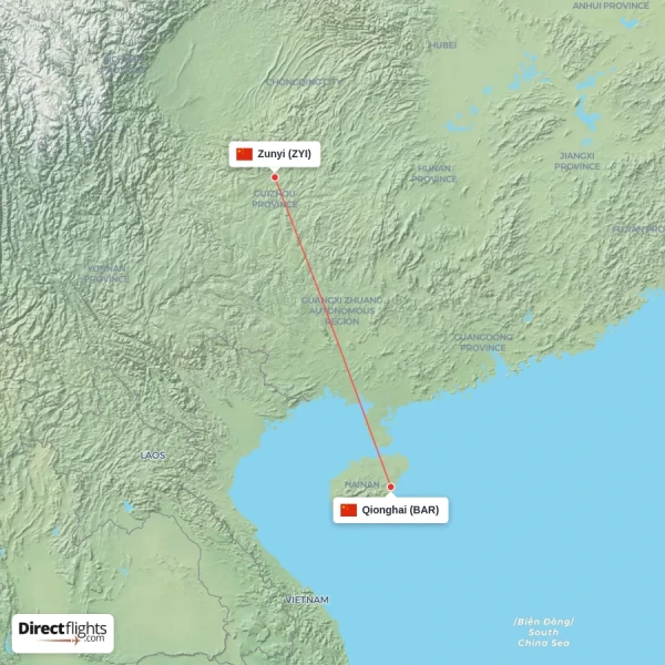 Zunyi - Qionghai direct flight map