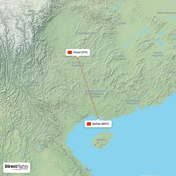 Zunyi - Beihai direct flight map