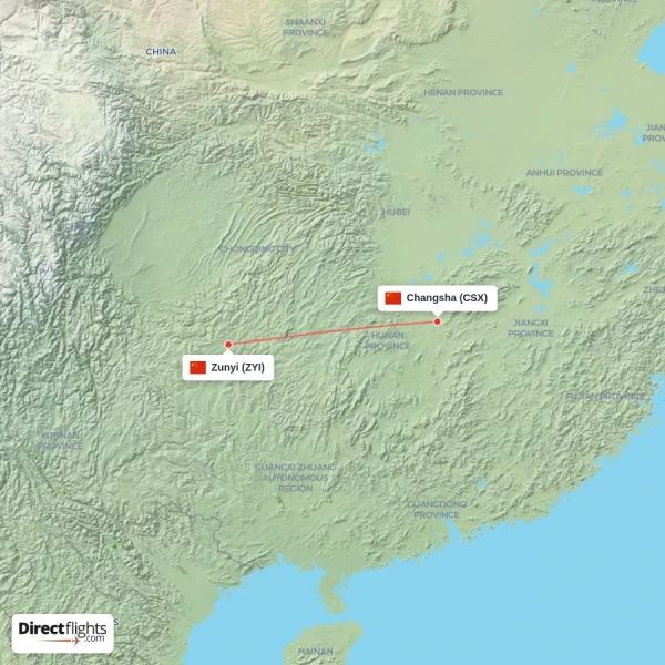 Zunyi - Changsha direct flight map
