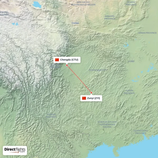 Zunyi - Chengdu direct flight map