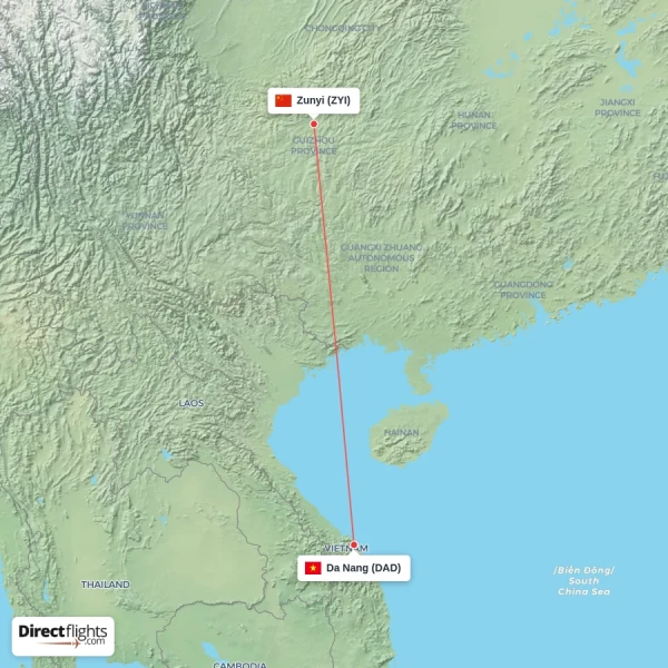 Zunyi - Da Nang direct flight map