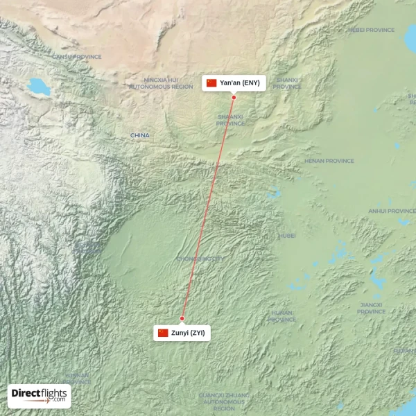 Zunyi - Yan'an direct flight map