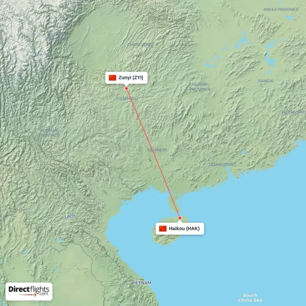Zunyi - Haikou direct flight map