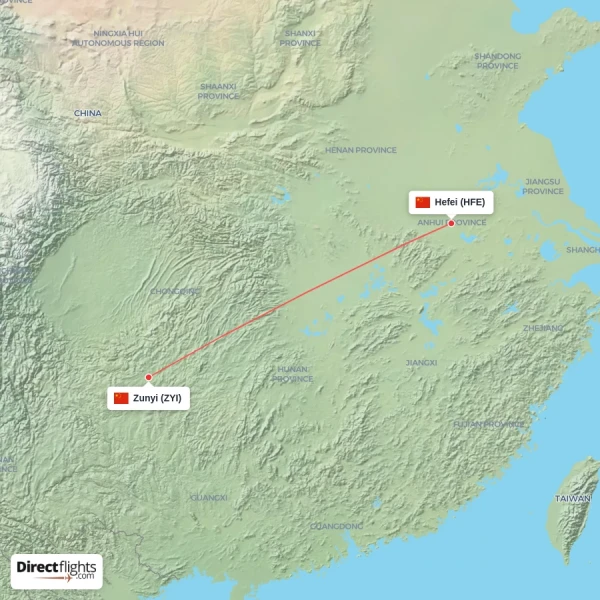 Zunyi - Hefei direct flight map
