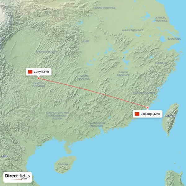 Zunyi - Jinjiang direct flight map