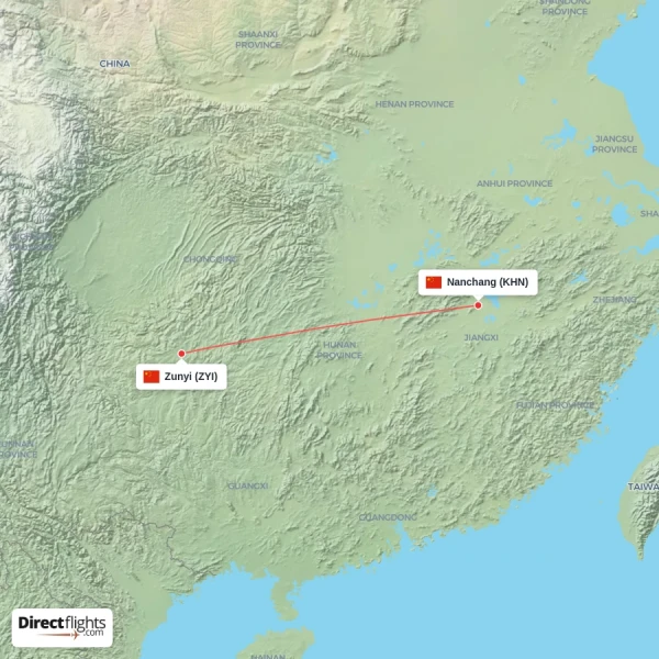Zunyi - Nanchang direct flight map