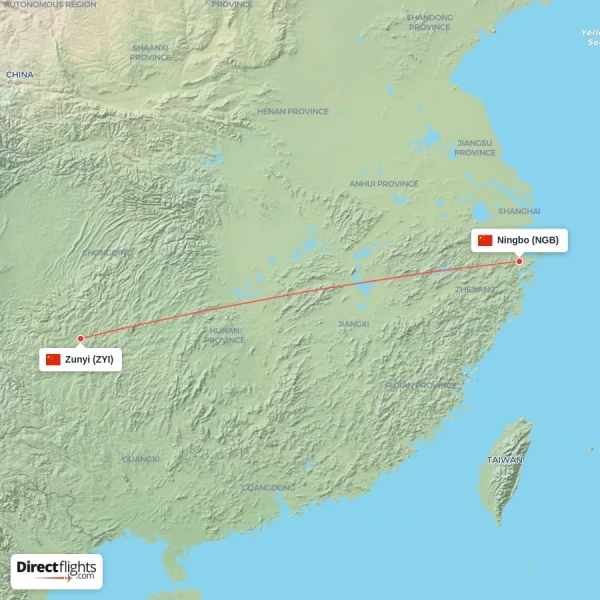 Zunyi - Ningbo direct flight map