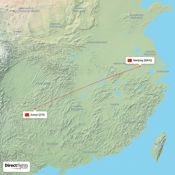 Zunyi - Nanjing direct flight map