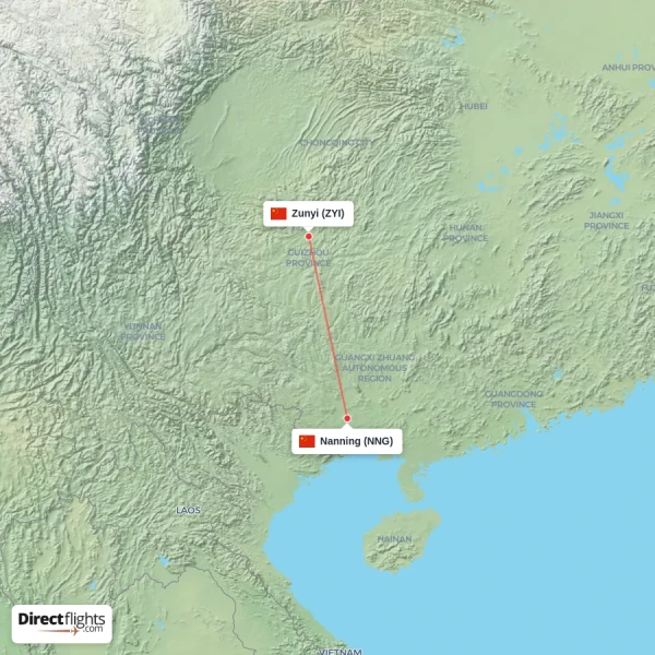Zunyi - Nanning direct flight map