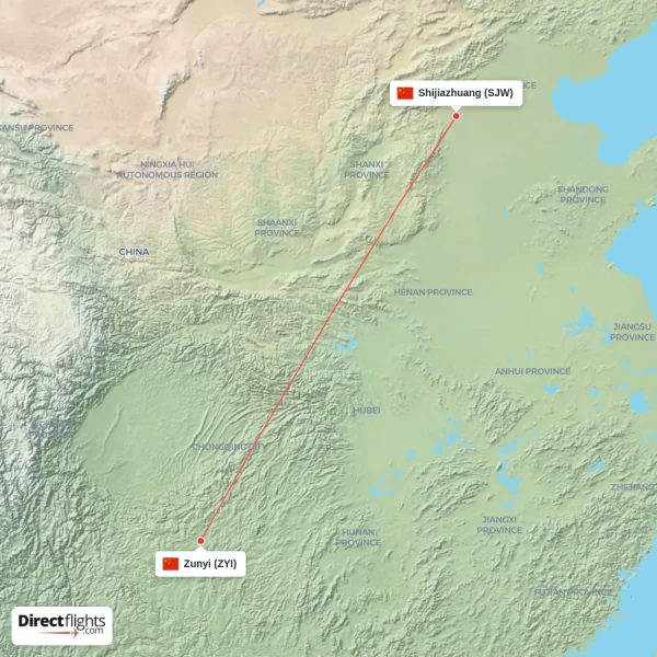Zunyi - Shijiazhuang direct flight map