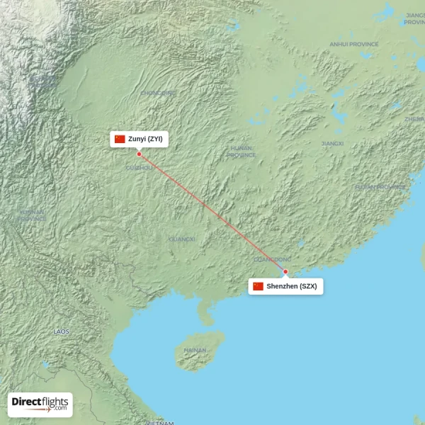 Zunyi - Shenzhen direct flight map