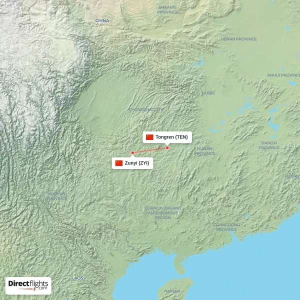 Zunyi - Tongren direct flight map