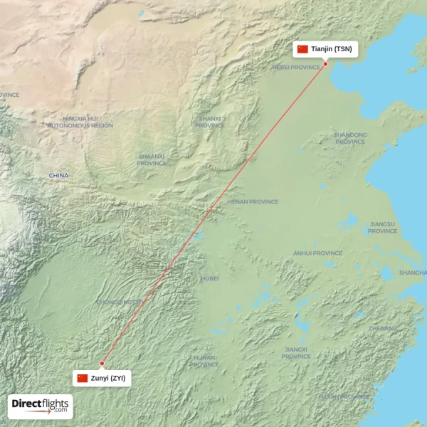Zunyi - Tianjin direct flight map