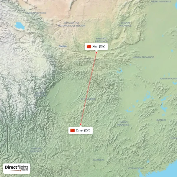 Zunyi - Xian direct flight map
