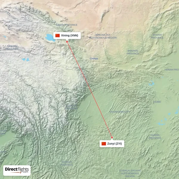Zunyi - Xining direct flight map