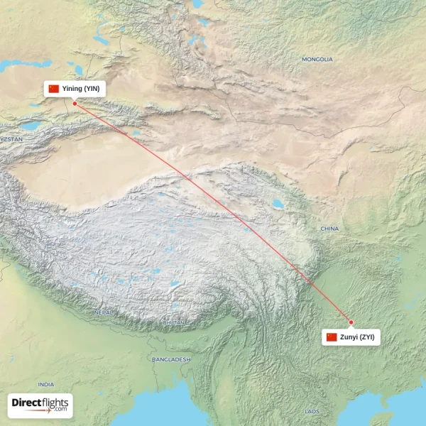 Zunyi - Yining direct flight map