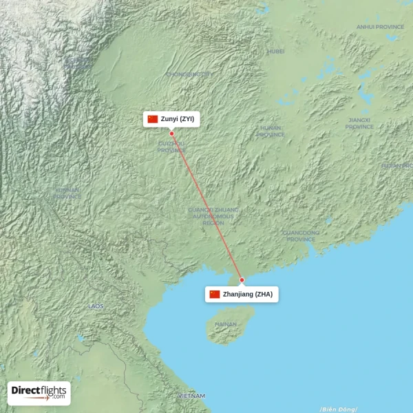Zunyi - Zhanjiang direct flight map