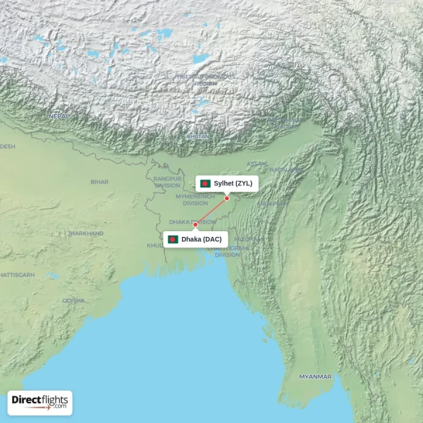 Sylhet - Dhaka direct flight map