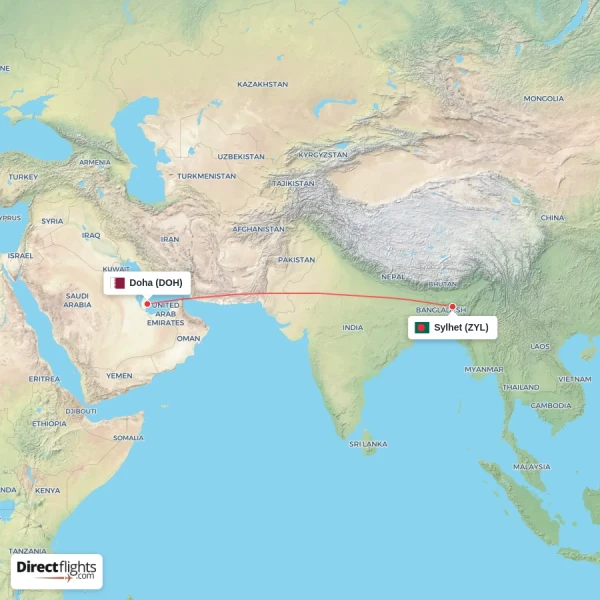 Sylhet - Doha direct flight map