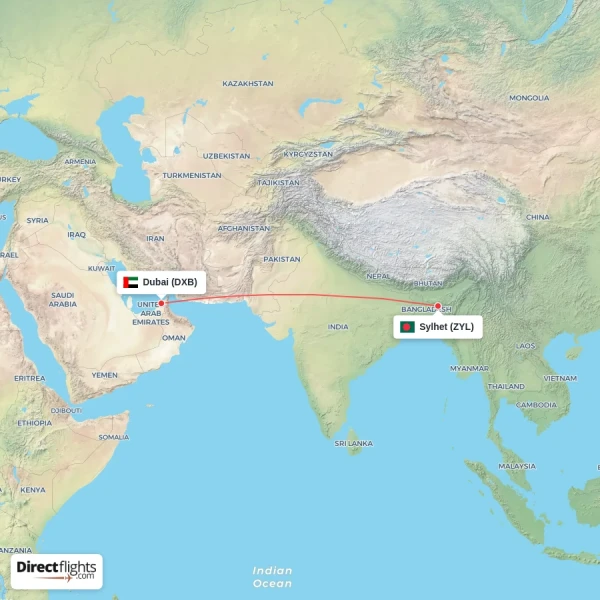 Sylhet - Dubai direct flight map
