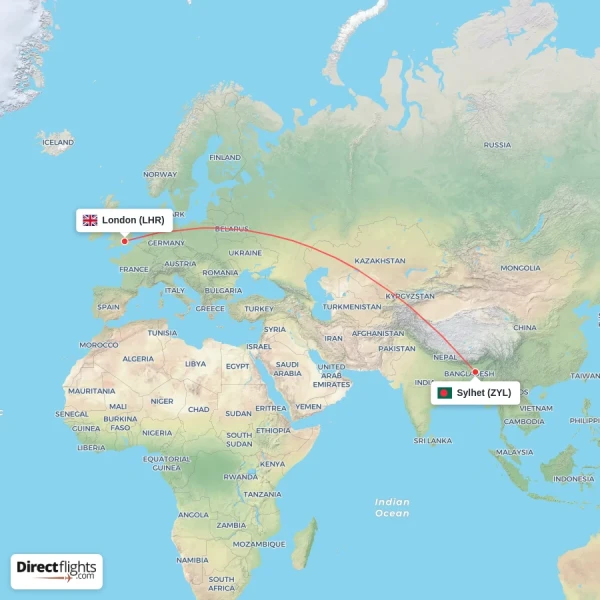 Sylhet - London direct flight map