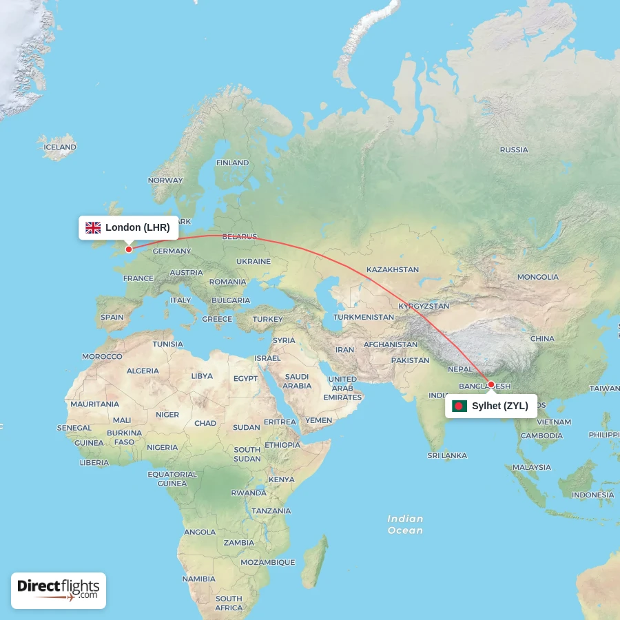 ZYL - LHR route map