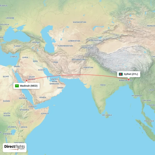Sylhet - Madinah direct flight map